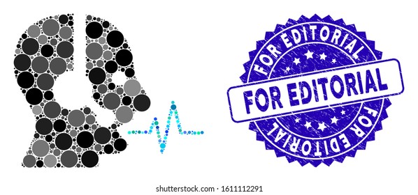 Mosaic operator speech icon and corroded stamp watermark with For Editorial caption. Mosaic vector is formed with operator speech icon and with random circle items.