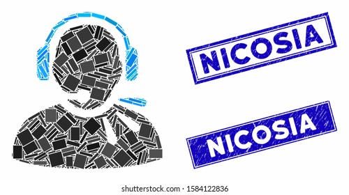 Mosaic operator speech icon and rectangular Nicosia rubber prints. Flat vector operator speech mosaic pictogram of scattered rotated rectangular elements.