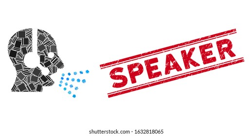 Mosaic operator speech icon and red Speaker seal stamp between double parallel lines. Flat vector operator speech mosaic icon of scattered rotated rectangular items.