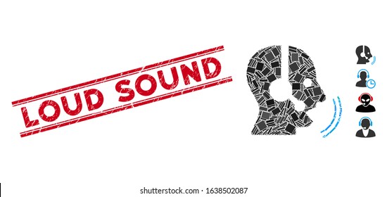 Mosaic operator speech icon and red Loud Sound seal stamp between double parallel lines. Flat vector operator speech mosaic icon of random rotated rectangular elements.