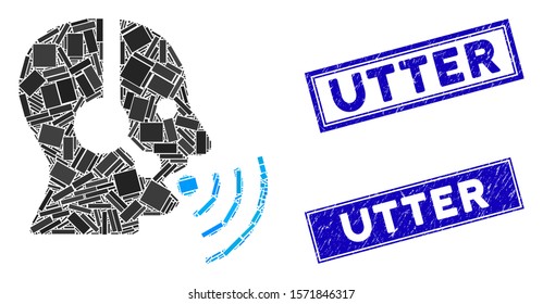 Mosaic operator talking sound waves pictogram and rectangle Utter stamps. Flat vector operator talking sound waves mosaic pictogram of randomized rotated rectangle items.