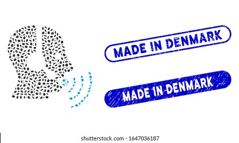 Mosaic operator talking sound waves and distressed stamp seals with Made in Denmark phrase. Mosaic vector operator talking sound waves is formed with random ellipse spots.
