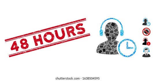 Mosaic operator time pictogram and red 48 Hours seal stamp between double parallel lines. Flat vector operator time mosaic pictogram of randomized rotated rectangle elements.