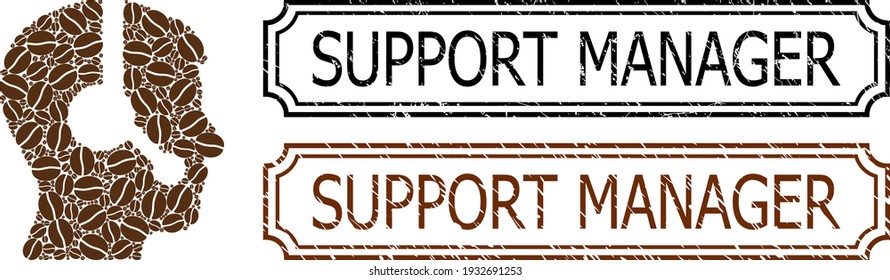 Mosaic operator united from cocoa beans, and grunge Support Manager rectangle seal stamps with notches. Vector coffee elements are united into abstract illustration operator icon with brown color.