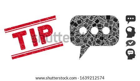 Mosaic opinion cloud pictogram and red Tip stamp between double parallel lines. Flat vector opinion cloud mosaic pictogram of randomized rotated rectangle elements.