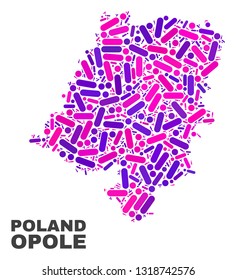 Mosaic Opole Voivodeship map isolated on a white background. Vector geographic abstraction in pink and violet colors. Mosaic of Opole Voivodeship map combined of random circle points and lines.