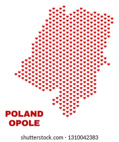 Mosaic Opole Voivodeship map of valentine hearts in red color isolated on a white background. Regular red heart pattern in shape of Opole Voivodeship map. Abstract design for Valentine decoration.