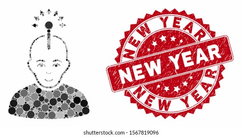 Mosaic optical neural interface and corroded stamp seal with New Year text. Mosaic vector is created with optical neural interface icon and with scattered spheric spots. New Year seal uses red color,