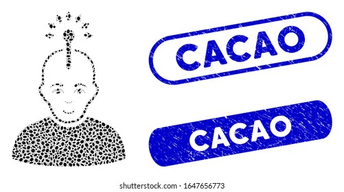 Mosaic optical neural interface and corroded stamp seals with Cacao caption. Mosaic vector optical neural interface is designed with scattered oval dots. Cacao stamp seals use blue color,