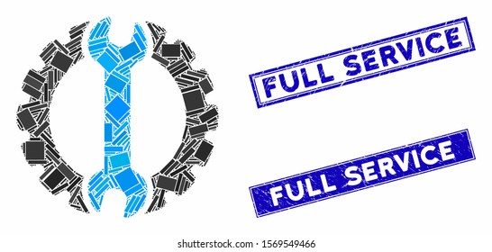 Mosaic options pictogram and rectangular stamps. Flat vector options mosaic pictogram of scattered rotated rectangular items. Blue caption seal stamps with scratched texture.