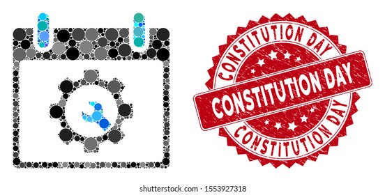 Mosaic options tools calendar day and rubber stamp seal with Constitution Day phrase. Mosaic vector is composed with options tools calendar day icon and with randomized round items.