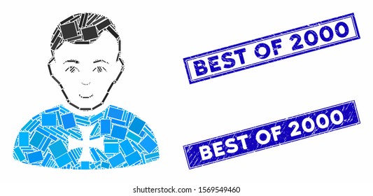 Mosaic order chevalier icon and rectangle rubber prints. Flat vector order chevalier mosaic icon of scattered rotated rectangle elements. Blue caption rubber seals with scratched texture.