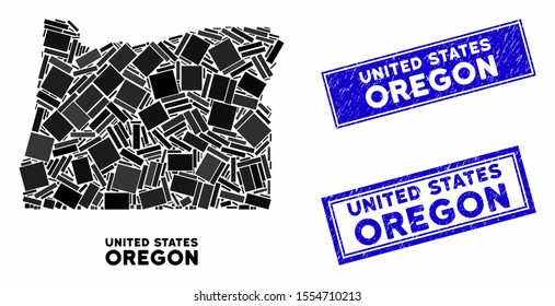 Mosaic Oregon State map and rectangle rubber prints. Flat vector Oregon State map mosaic of randomized rotated rectangle elements. Blue caption watermarks with rubber surface.