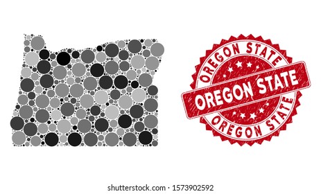 Mosaic Oregon State map and round seal. Flat vector Oregon State map mosaic of scattered round items. Red rubber seal with scratched design. Designed for political and patriotic agitation.