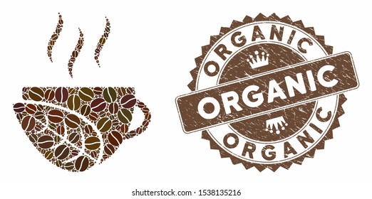 Mosaic organic coffee cup and distressed stamp seal with Organic caption. Mosaic vector organic coffee cup is designed with beans. Organic stamp uses brown color.