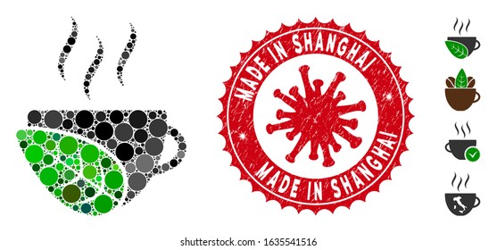Mosaic organic coffee cup icon and red round distressed stamp seal with Made in Shanghai caption and coronavirus symbol.