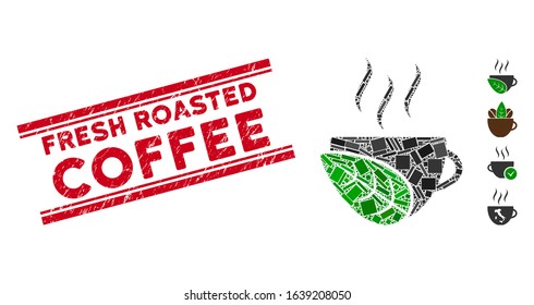 Mosaic organic coffee cup icon and red Fresh Roasted Coffee stamp between double parallel lines. Flat vector organic coffee cup mosaic icon of randomized rotated rectangle elements.
