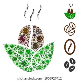Mosaic organic coffee united from SARS virus icons in random sizes and color hues. Vector viral icons are united into abstract illustration organic coffee icon. Some bonus icons are added.