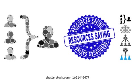 Mosaic organization structure icon and corroded stamp seal with Resources Saving phrase. Mosaic vector is designed with organization structure icon and with scattered circle spots.