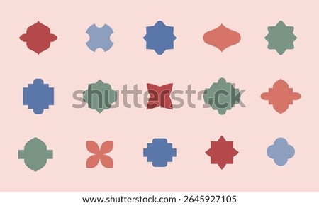 Mosaic oriental style simple geometric ceramic tile shapes. Cute eastern lantern, window silhouette logo templates. Vector floral patterns.