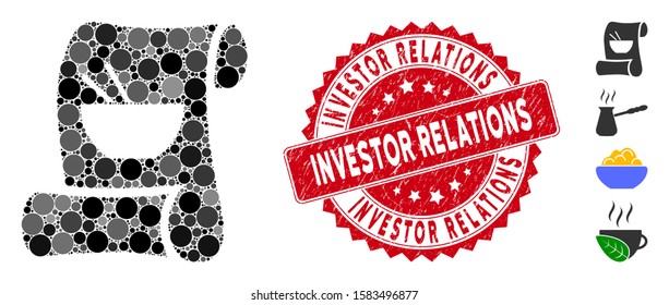 Mosaic original asian recipe icon and corroded stamp watermark with Investor Relations phrase. Mosaic vector is formed with original asian recipe icon and with scattered round items.
