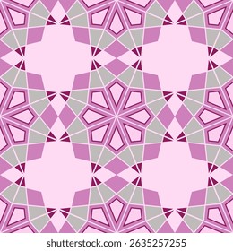 Mosaic ornament of polygonal shapes. Round floral motif on pink background. Geometric floral seamless pattern in shades of pink. Complicated colorful background. Classic stainless glass design