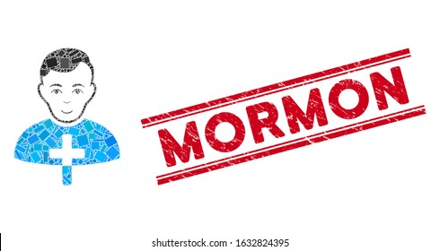 Mosaic Orthodox priest icon and red Mormon stamp between double parallel lines. Flat vector Orthodox priest mosaic icon of random rotated rectangular items. Red Mormon stamp with grunge textures.