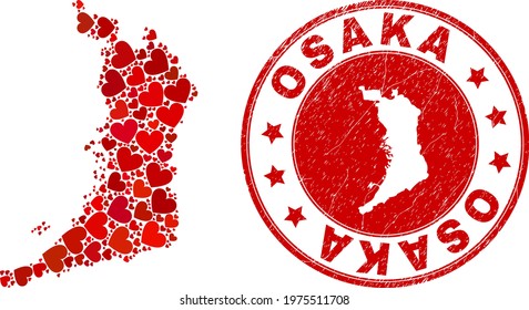Mosaic Osaka Prefecture map formed from red love hearts, and grunge seal. Vector lovely round red rubber seal imprint with Osaka Prefecture map inside.