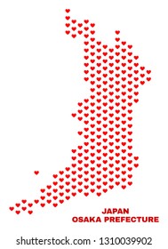 Mosaic Osaka Prefecture map of love hearts in red color isolated on a white background. Regular red heart pattern in shape of Osaka Prefecture map. Abstract design for Valentine decoration.