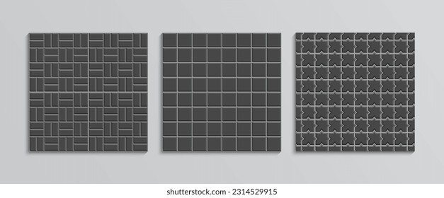 Mosaic outdoor background. Stone surface texture. Slab pavement seamless pattern collection. Set of paved floor tiles. Decorative sidewalk. Cobblestone print. Vector illustration