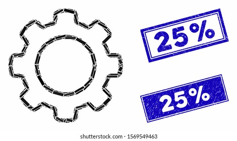 Mosaic outline gear icon and rectangle rubber prints. Flat vector outline gear mosaic icon of randomized rotated rectangle items. Blue caption rubber stamps with distress textures.