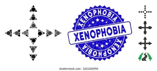 Mosaic outside direction triangles icon and grunge stamp seal with Xenophobia phrase. Mosaic vector is designed from outside direction triangles icon and with randomized round spots.