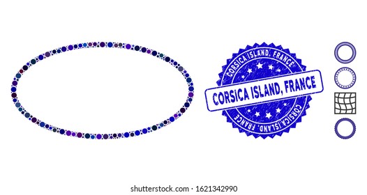 Mosaic oval frame icon and distressed stamp seal with Corsica Island, France caption. Mosaic vector is designed from oval frame icon and with randomized spheric items. Corsica Island,