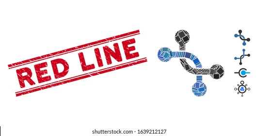 Mosaic overpass connection icon and red Line stamp between double parallel lines. Flat vector overpass connection mosaic icon of scattered rotated rectangle items.