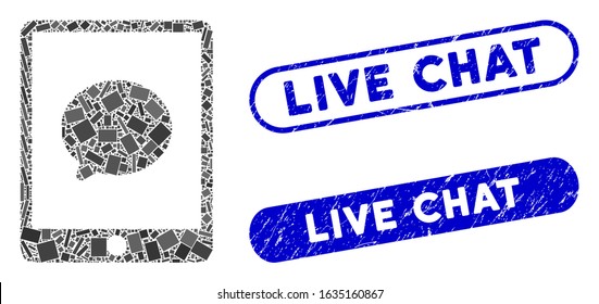 Mosaic pad chat message and distressed stamp watermarks with Live Chat phrase. Mosaic vector pad chat message is designed with randomized rectangle items. Live Chat stamp seals use blue color,