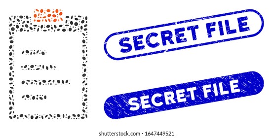 Texto de almohadilla mosaico y sellos de sello con leyenda Archivo secreto. El texto de la almohadilla vectorial mosaico se compone de piezas ovales aleatorias. Los sellos de sello Secret File usan color azul y tienen forma rectangular redonda.