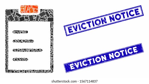 Mosaic pad text icon and rectangular seal stamps. Flat vector pad text mosaic icon of randomized rotated rectangular items. Blue caption seal stamps with corroded texture.