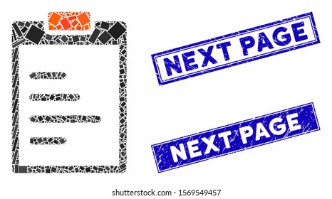 Mosaic pad text pictogram and rectangular stamps. Flat vector pad text mosaic pictogram of random rotated rectangular items. Blue caption seals with rubber texture.