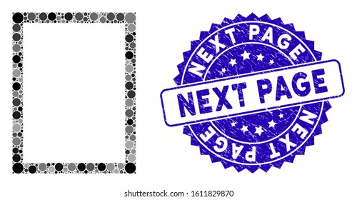 Mosaic page icon and grunge stamp watermark with Next Page caption. Mosaic vector is designed with page icon and with random spheric spots. Next Page stamp seal uses blue color, and distress texture.