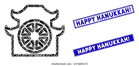 Mosaic pagoda icon and rectangle Happy Hanukkah! seal stamps. Flat vector pagoda mosaic icon of scattered rotated rectangular items. Blue Happy Hanukkah! stamps with scratched texture.