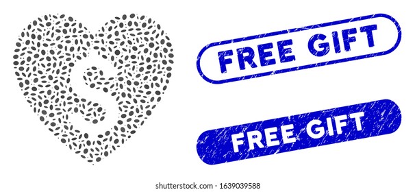 Mosaic paid love and rubber stamp seals with Free Gift phrase. Mosaic vector paid love is created with scattered ellipse dots. Free Gift stamp seals use blue color, and have round rectangle shape.