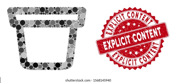 Mosaic pail and grunge stamp watermark with Explicit Content text. Mosaic vector is designed with pail icon and with randomized circle spots. Explicit Content stamp uses red color, and dirty texture.