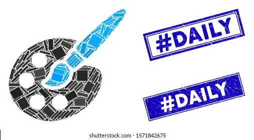 Mosaic paint tools pictogram and rectangular #Daily watermarks. Flat vector paint tools mosaic pictogram of randomized rotated rectangular items. Blue #Daily seal stamps with scratched surface.