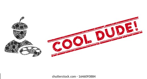 Mosaic painter with palette icon and red Cool Dude Exclamation seal stamp between double parallel lines. Flat vector painter with palette mosaic icon of scattered rotated rectangular items.