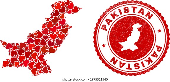 Mosaic Pakistan map formed from red love hearts, and rubber badge. Vector lovely round red rubber badge imprint with Pakistan map inside.