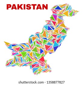 Mosaic Pakistan map of triangles in bright colors isolated on a white background. Triangular collage in shape of Pakistan map. Abstract design for patriotic decoration.