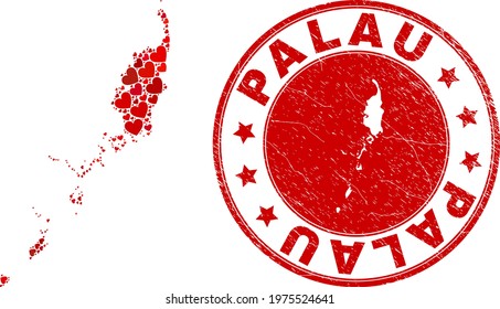 Mosaic Palau map created with red love hearts, and unclean seal stamp. Vector lovely round red rubber stamp imprint with Palau map inside.