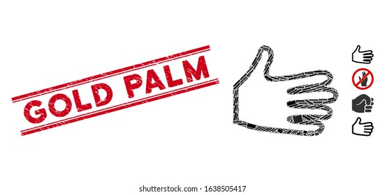 Mosaic pan fingers icon and red Gold Palm seal stamp between double parallel lines. Flat vector pan fingers mosaic icon of random rotated rectangular elements.