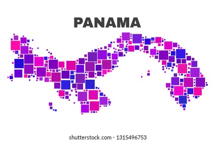Mosaic Panama map isolated on a white background. Vector geographic abstraction in pink and violet colors. Mosaic of Panama map combined of scattered square elements.