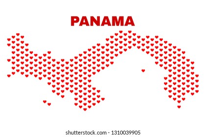 Mosaic Panama map of love hearts in red color isolated on a white background. Regular red heart pattern in shape of Panama map. Abstract design for Valentine illustrations.